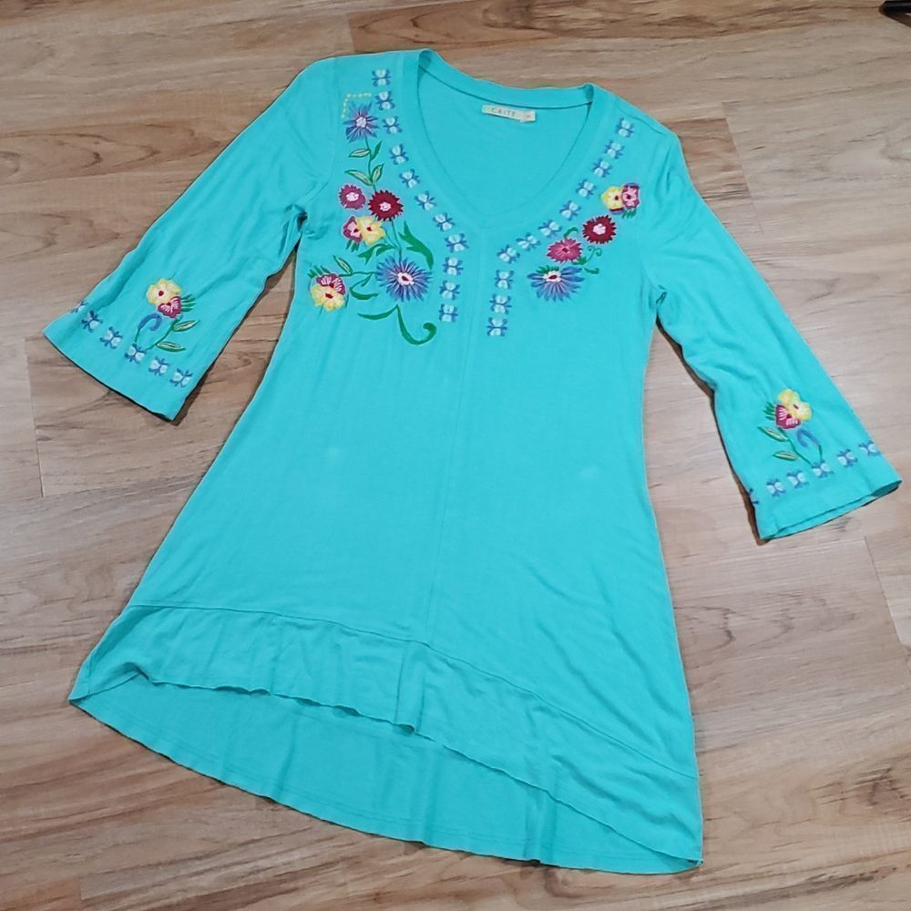 💜Caite Turquoise Multicolor Embroider Floral Print Vneck 3/4 Sleeve Top Small